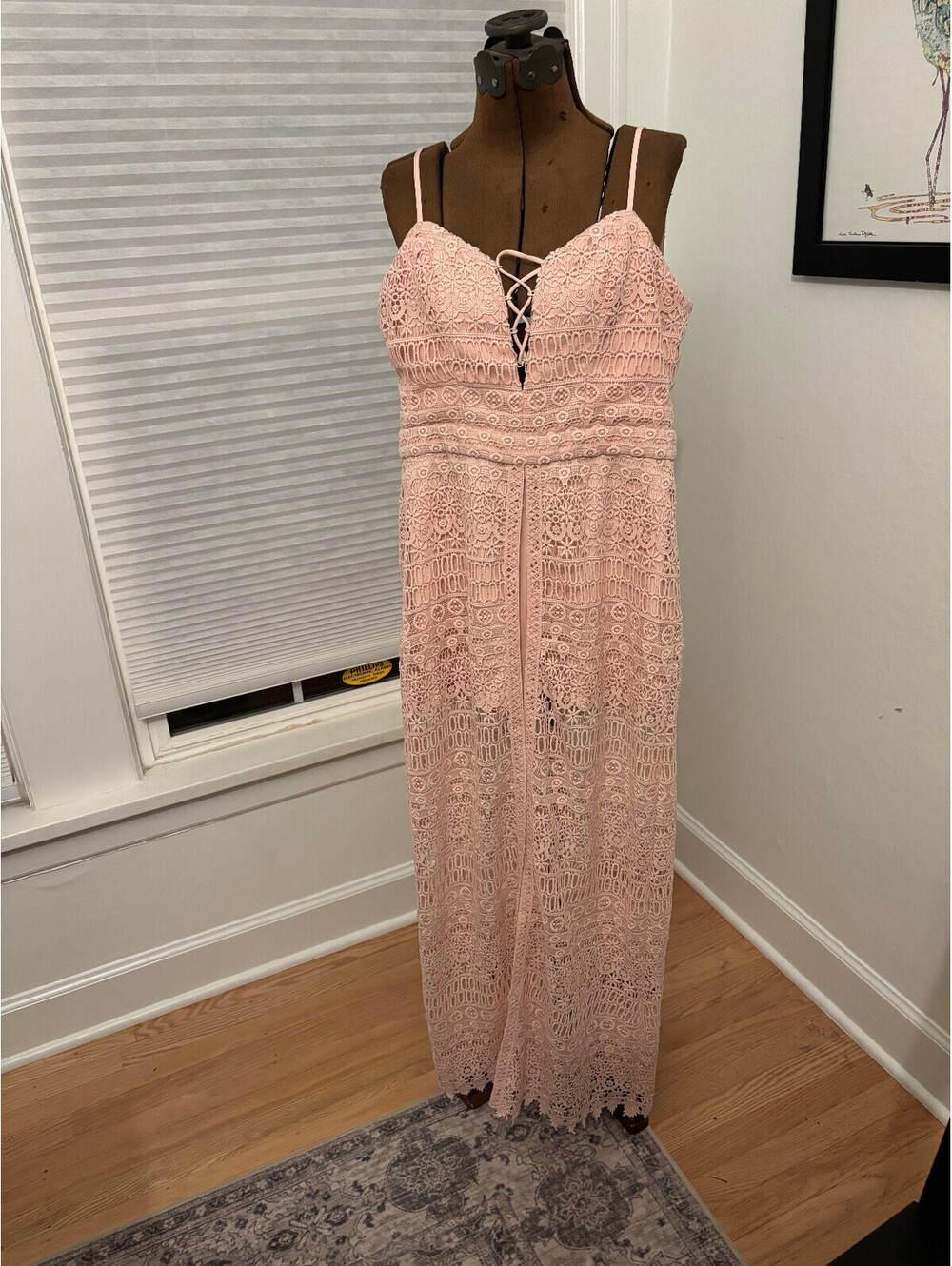 Bebe Women's Sz 2 Blush Pink Crochet Lace Maxi Dress Lace Up Boho Formal (2249)